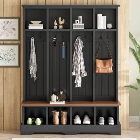 Farmhouse Hall Tree with 8 Hooks, Practical Entryway Bench with Open Compartments, 76.7"H Modern 3-in-1 Wooden Style Coat and Shoe Rack for Mudro (Color: Black)