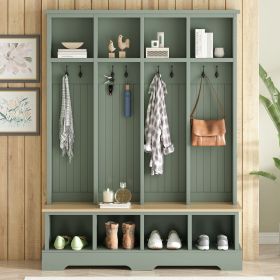 Farmhouse Hall Tree with 8 Hooks, Practical Entryway Bench with Open Compartments, 76.7"H Modern 3-in-1 Wooden Style Coat and Shoe Rack for Mudro (Color: Mint Green)