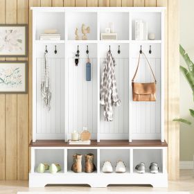 Farmhouse Hall Tree with 8 Hooks, Practical Entryway Bench with Open Compartments, 76.7"H Modern 3-in-1 Wooden Style Coat and Shoe Rack for Mudro (Color: White)