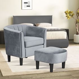 Upholstered Teddy Velvet Club Barrel Chair with Ottoman with Footrest (Color: Gray)